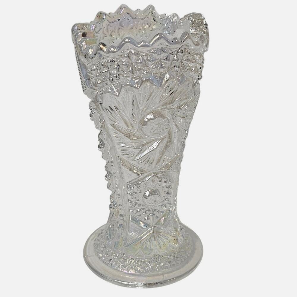 L.E. Smith Whirling Star Carnival Glass Sawtooth Vase 6" Rainbow Iridescence 60s